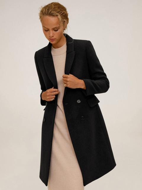 

MANGO Women Black Solid Longline Overcoat