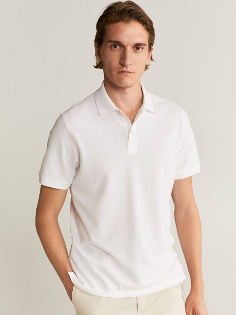 

MANGO MAN White Solid Polo Collar T-shirt