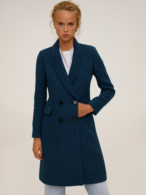 

MANGO Women Teal Blue Solid Double-Breasted Coat