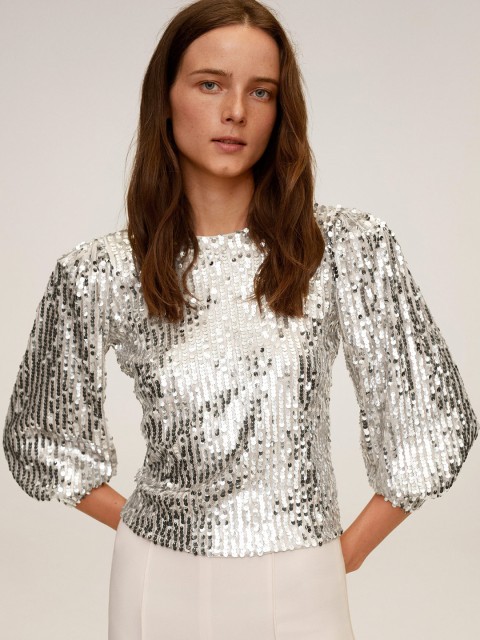 

MANGO Women Silver & Golden Sequinned Striped Top