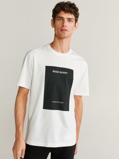 

MANGO MAN White & Black Bugs Bunny Print Round Neck T-shirt