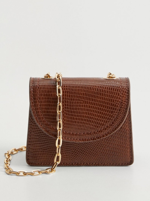 

MANGO Brown Snakeskin Textured Mini Sling Bag, Coffee brown