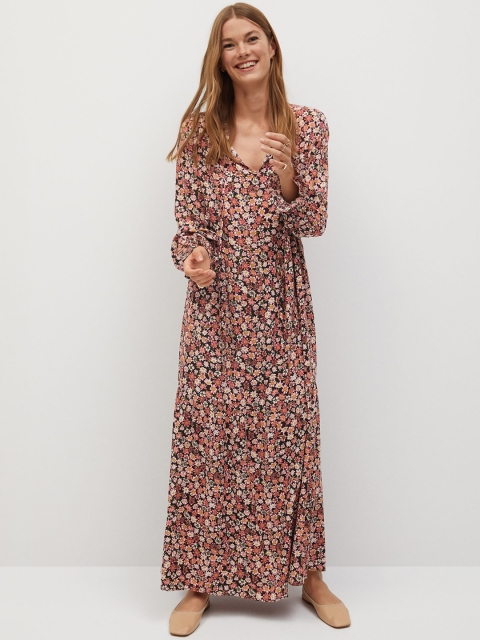 

MANGO Women Pink & Black Ditsy Floral Printed Maxi Tiered Dress