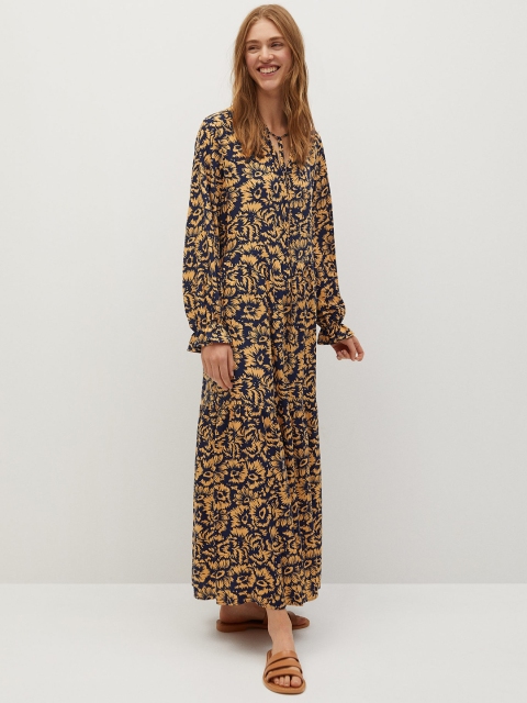 

MANGO Women Navy Blue & Peach- Colored Floral Printed Maxi Dress