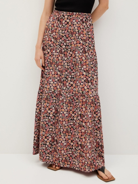 

MANGO Women Black & Coral Pink Floral Print Flared Maxi Skirt