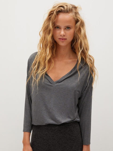 

MANGO Women Charcoal Grey Solid V-Neck T-shirt