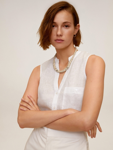 

MANGO Women Off-White Regular Fit Linen Solid Casual Shirt