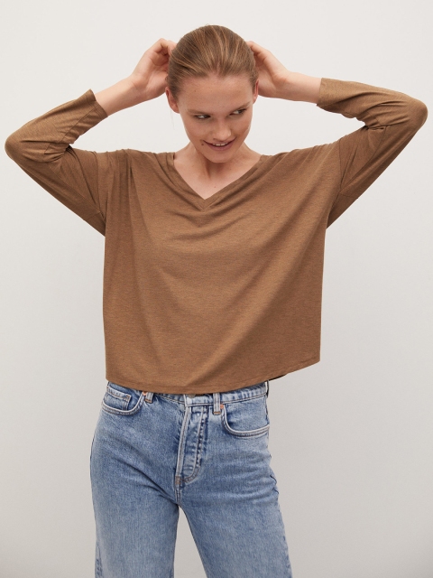

MANGO Women Brown Solid V-Neck T-shirt