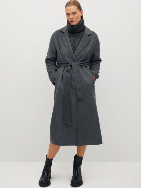 

MANGO Women Charcoal Grey Solid Longline Wrap Coat