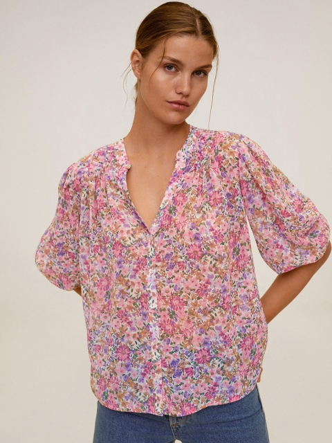 

MANGO Women Pink & Lavender Regular Fit Floral Printed Casual Shirt