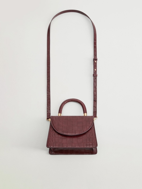 

MANGO Burgundy Croc Textured Satchel Bag with Detachable Sling Strap