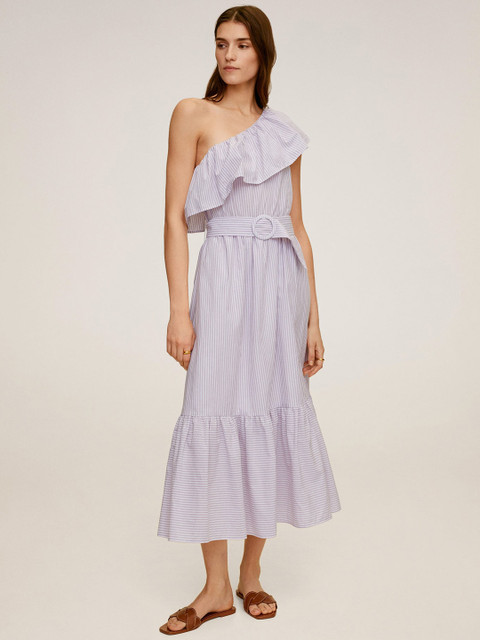 

MANGO Women Lavender & White Striped One-Shoulder A-Line Dress
