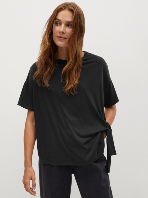 

MANGO Women Black Solid Round Neck Boxy T-shirt