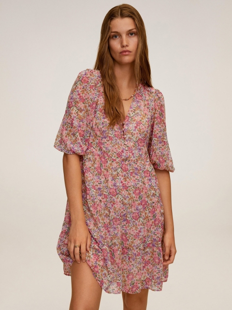 

MANGO Women Pink & Purple Floral Print Tiered A-Line Dress