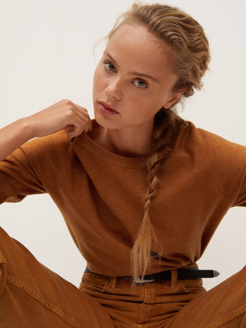 

MANGO Women Mustard Brown Solid Pullover Sweater