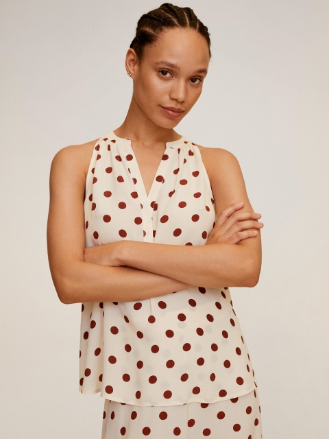 

MANGO Women Beige & Rust Brown Polka Dots Print Sustainable Top