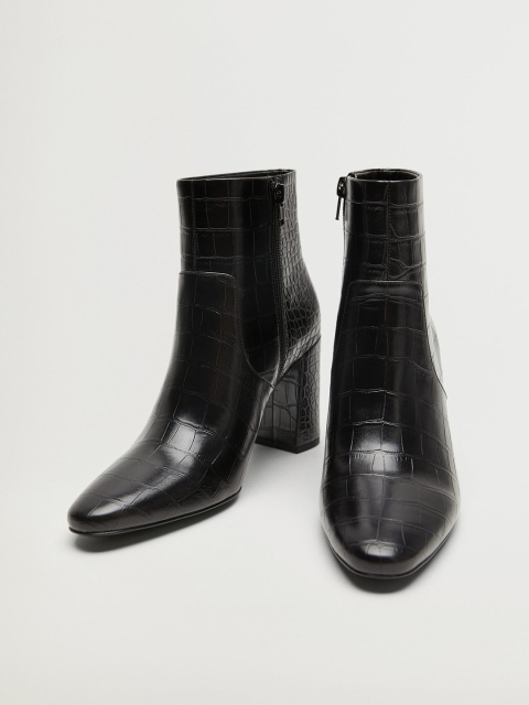 

MANGO Women Black Croc Textured Mid-Top Heeled Boots