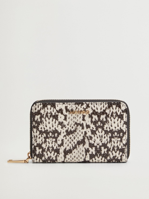 

MANGO Women Coffee Brown & Off-White Snakeskin Textured Zip Around Wallet