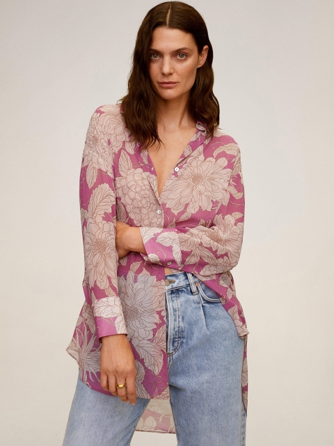 

MANGO Women Pink & Beige Regular Fit Floral Printed Sheer Casual Shirt