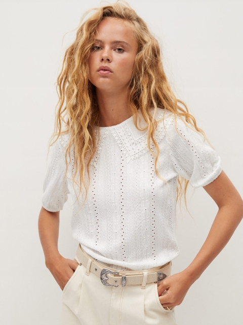 

MANGO Women White Embroidered Schiffli Top