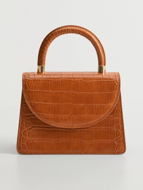 

MANGO Tan Brown Croc Textured Satchel Bag with Detachable Sling Strap