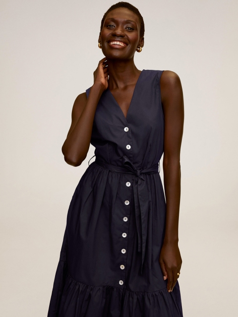 

MANGO Women Navy Blue Solid A-Line Dress with Belt