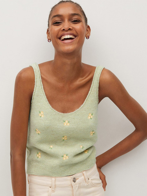 

MANGO Women Sea Green & Yellow Floral Embroidered Top