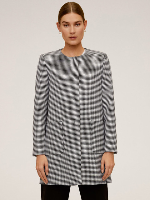 

MANGO Women Black & White Houndstooth Pattern Longline Collarless Overcoat