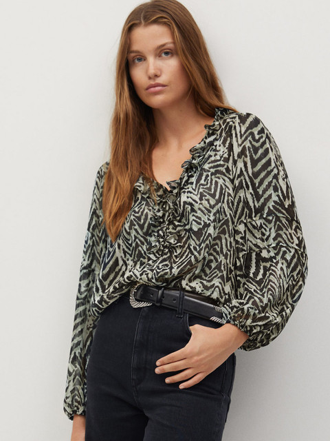 

MANGO Women Black & Olive Green Animal Printed Top
