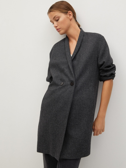 

MANGO Women Charcoal Grey Herringbone Patterned Coat