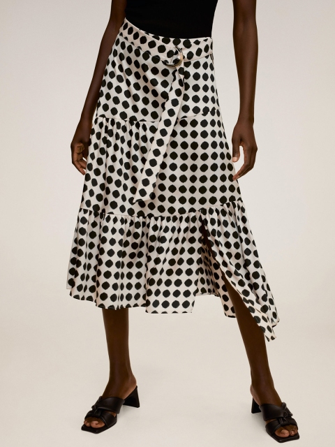 

MANGO Women White & Black Satin Finish Printed A-Line Skirt