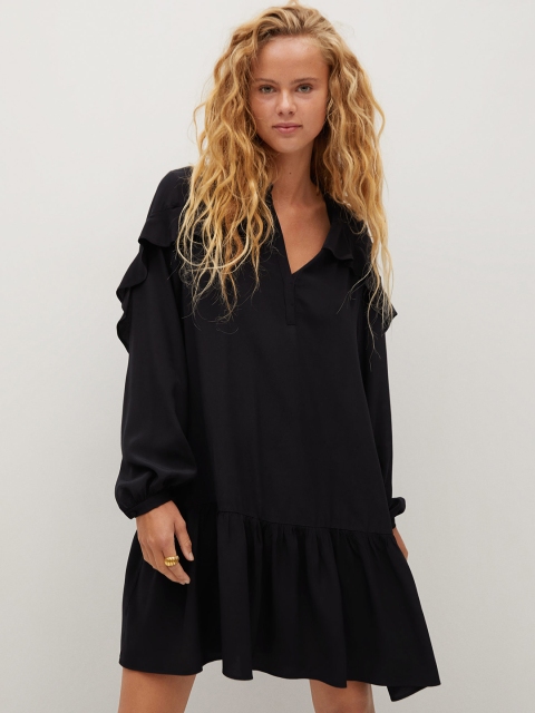 

MANGO Women Black Solid Ruffled A-Line Dress