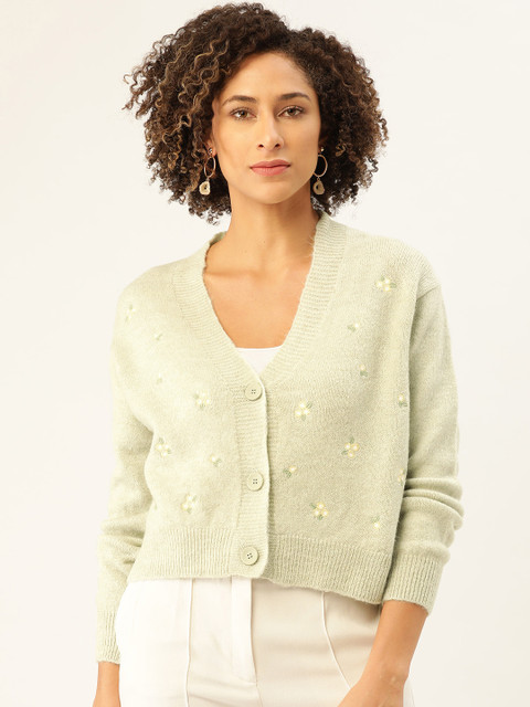 

MANGO Women Mint Green Floral Embroidered Cardigan