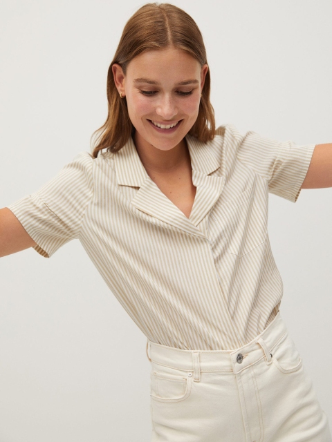 

MANGO Women Off-White & Beige Regular Fit Striped Casual Shirt