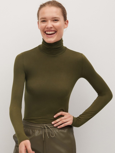 

MANGO Women Olive Green Solid Turtle Neck T-shirt