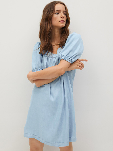 

MANGO Women Blue Eco Wash Solid Denim Shift Dress
