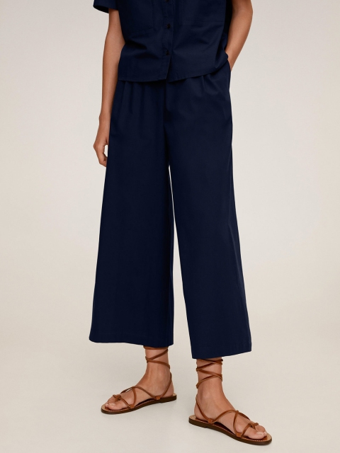 

MANGO Women Navy Blue Regular Fit Solid Cropped Parallel Trousers