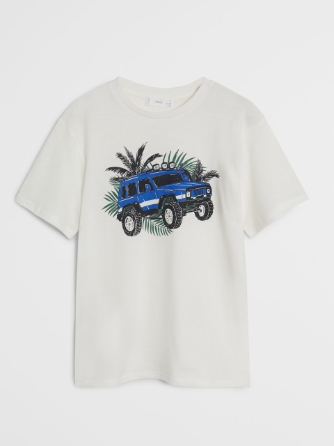 

Mango Kids Boys White Blue Car Print Round Neck Organic Cotton T-shirt