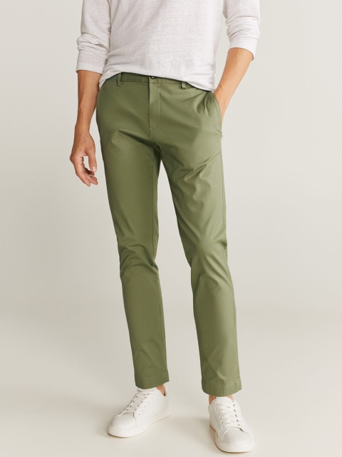 

MANGO MAN Olive Green Tapered Fit Solid Trousers