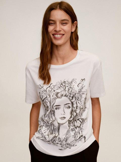 

MANGO Women White & Black Printed Round Neck T-shirt
