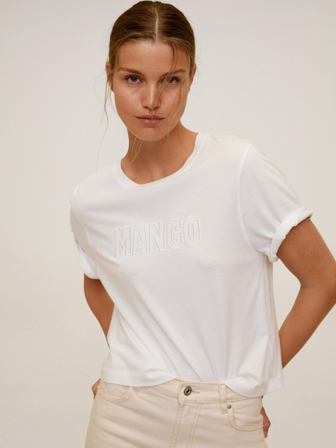 

MANGO Women White Brand Logo Embroidered Round Neck Organic Cotton T-shirt