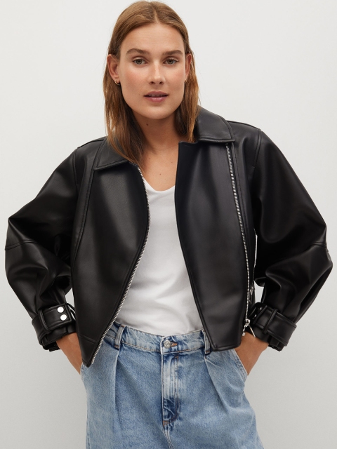 

MANGO Women Black Solid Asymmetric Closure Biker Jacket