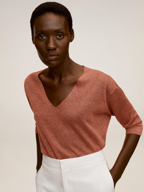 

MANGO Women Peach-Coloured Solid Shimmer Top