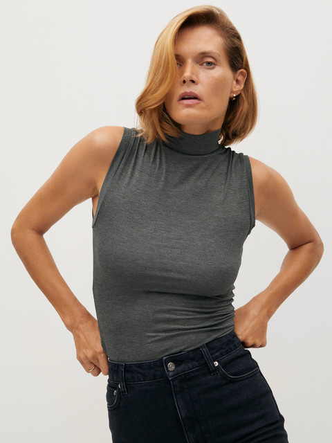 

MANGO Women Charcoal Grey Solid Fitted Top