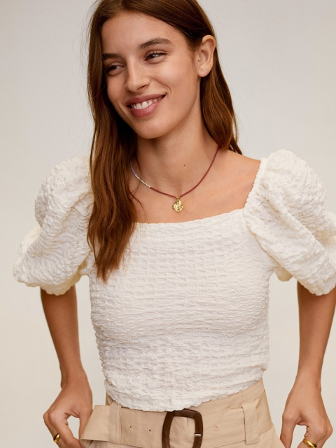 

MANGO Women Off-White Smocked Puff Sleeves Fitted Top