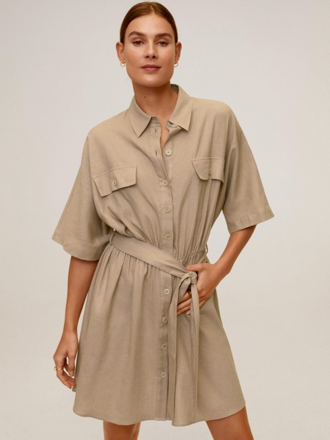 

MANGO Women Beige Solid Shirt Dress with Belt