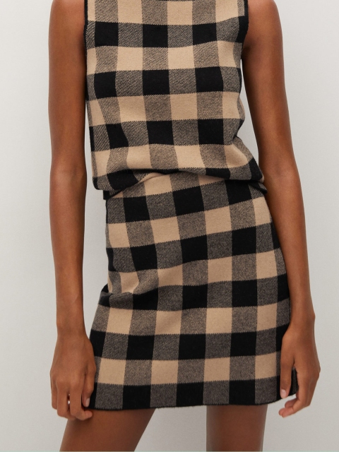 

MANGO Women Black & Beige Checked Mini A-Line Skirt