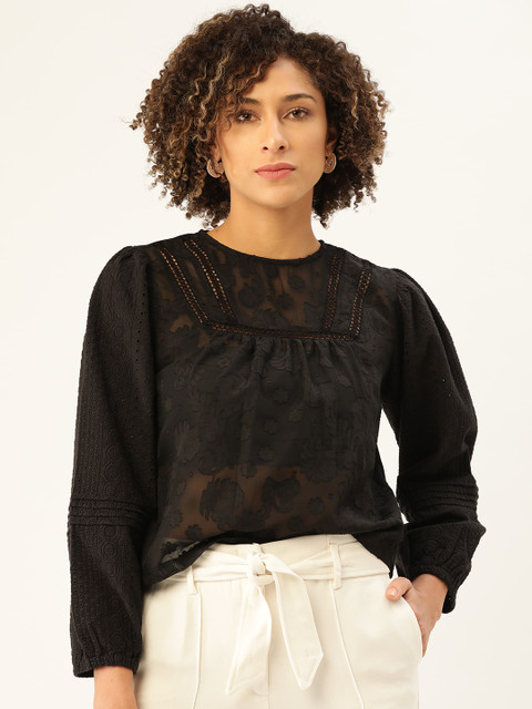 

MANGO Women Black Self Design Sheer Pure Cotton Top with Embroidered & Lace Detail