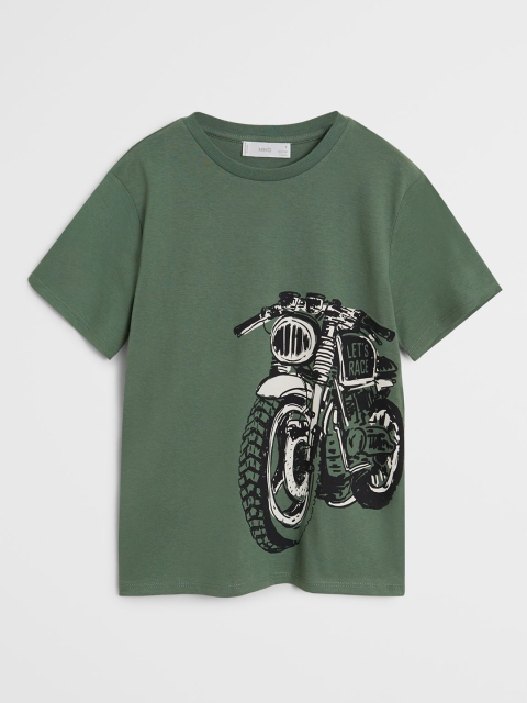 

Mango Kids Boys Olive Green & Black Biker Print Round Neck T-shirt