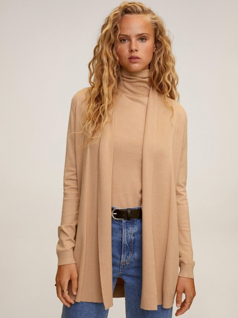 

MANGO Women Beige Solid Longline Front-Open Sweater